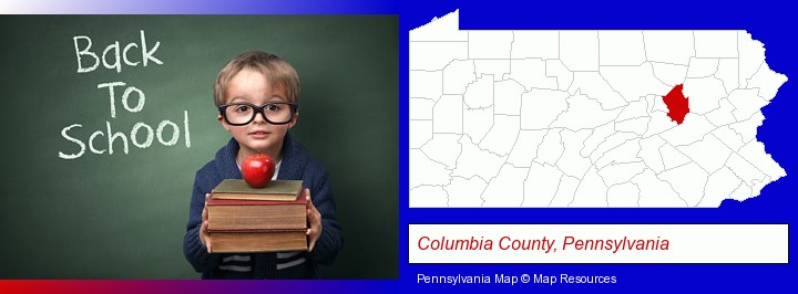 the back-to-school concept; Columbia County, Pennsylvania highlighted in red on a map