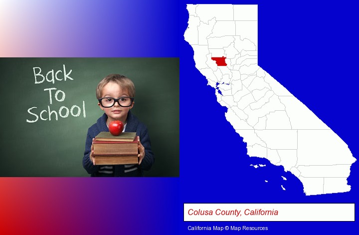 the back-to-school concept; Colusa County, California highlighted in red on a map