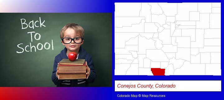 the back-to-school concept; Conejos County, Colorado highlighted in red on a map