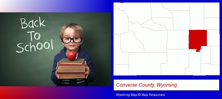 the back-to-school concept; Converse County, Wyoming highlighted in red on a map