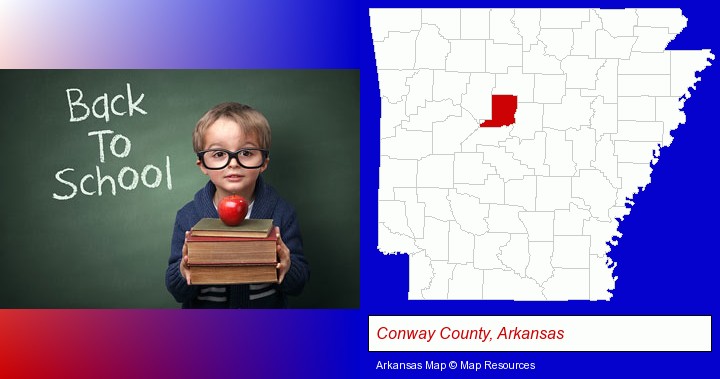 the back-to-school concept; Conway County, Arkansas highlighted in red on a map