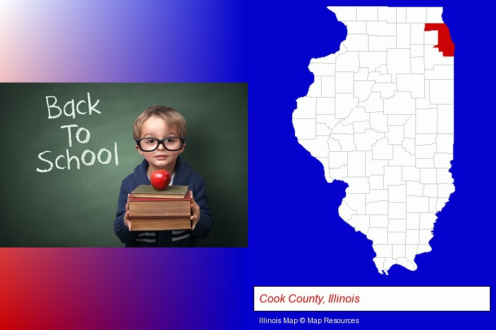 the back-to-school concept; Cook County, Illinois highlighted in red on a map