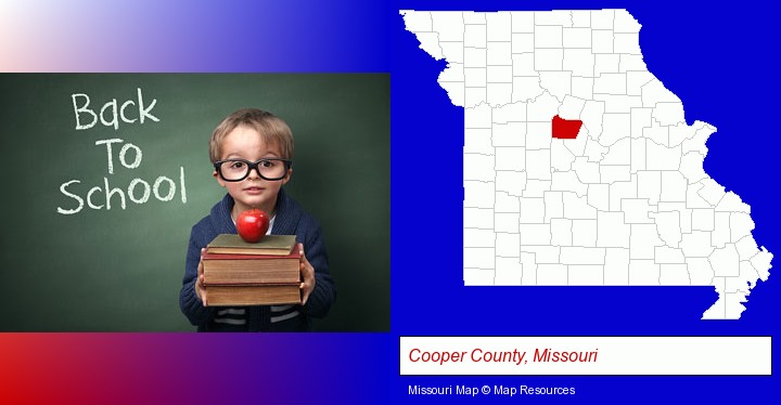 the back-to-school concept; Cooper County, Missouri highlighted in red on a map