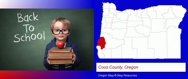 the back-to-school concept; Coos County, Oregon highlighted in red on a map
