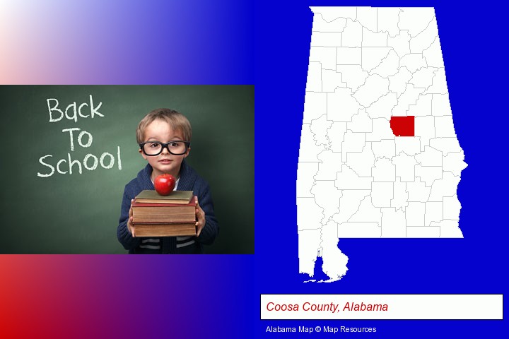 the back-to-school concept; Coosa County, Alabama highlighted in red on a map