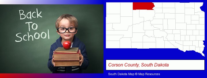 the back-to-school concept; Corson County, South Dakota highlighted in red on a map