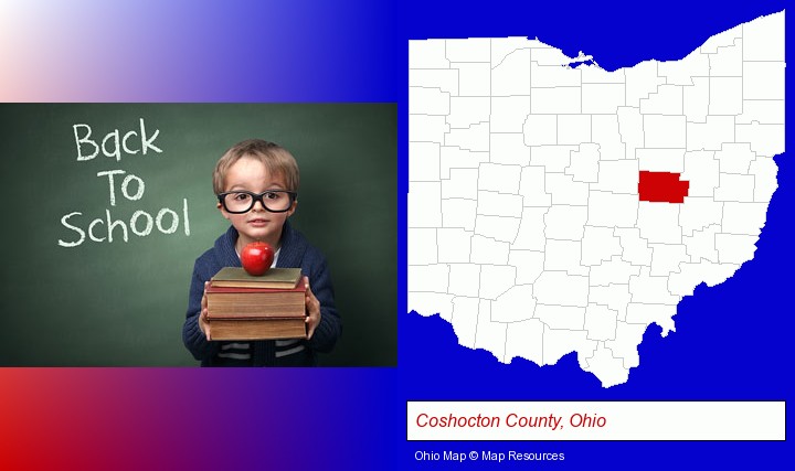 the back-to-school concept; Coshocton County, Ohio highlighted in red on a map