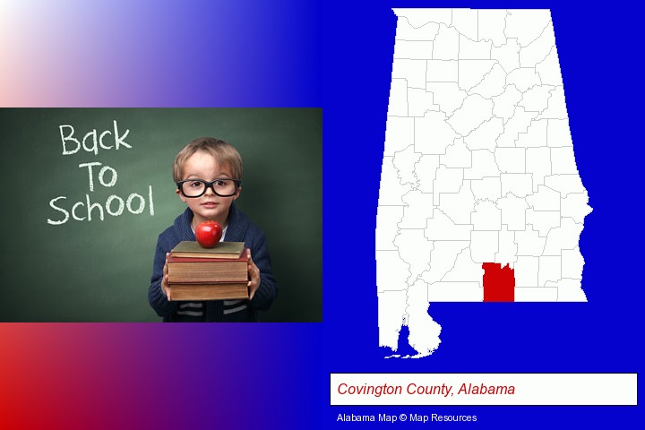 the back-to-school concept; Covington County, Alabama highlighted in red on a map