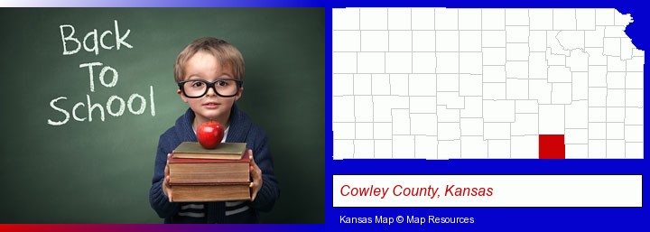 the back-to-school concept; Cowley County, Kansas highlighted in red on a map
