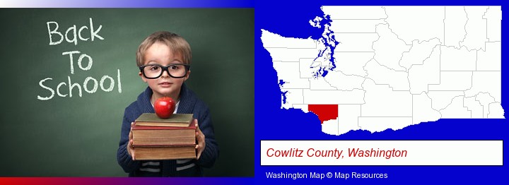 the back-to-school concept; Cowlitz County, Washington highlighted in red on a map