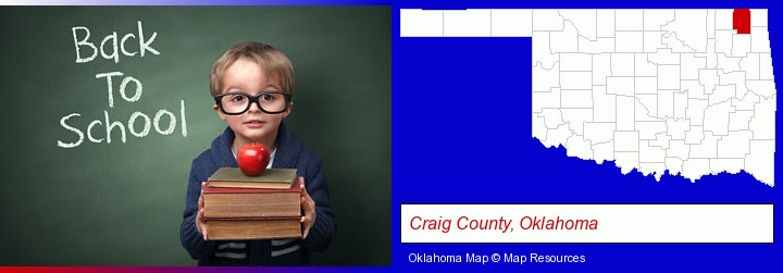 the back-to-school concept; Craig County, Oklahoma highlighted in red on a map