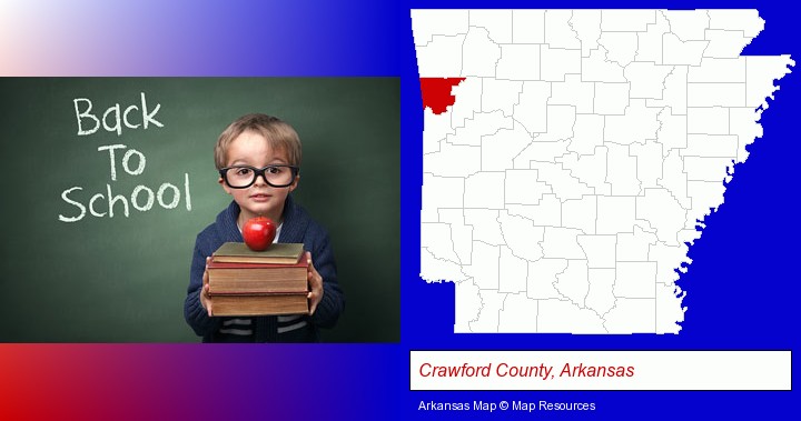 the back-to-school concept; Crawford County, Arkansas highlighted in red on a map