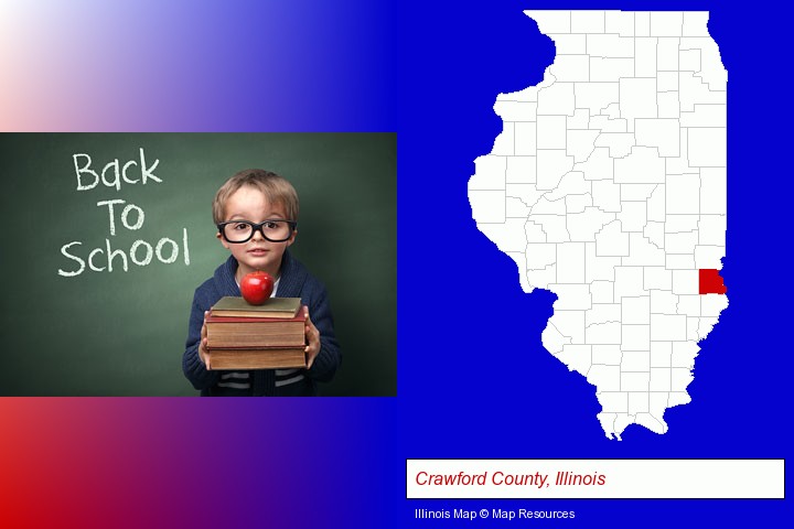 the back-to-school concept; Crawford County, Illinois highlighted in red on a map