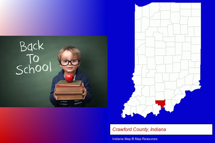 the back-to-school concept; Crawford County, Indiana highlighted in red on a map
