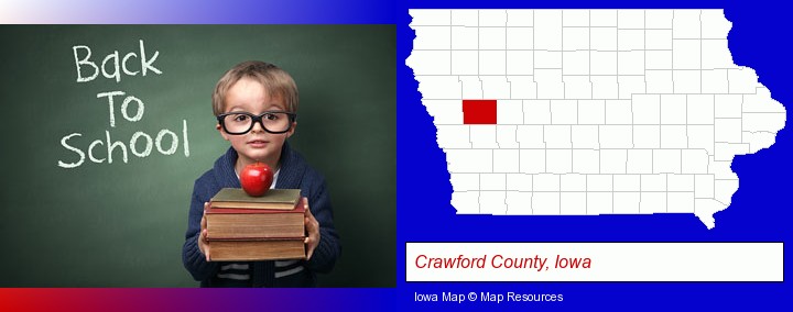 the back-to-school concept; Crawford County, Iowa highlighted in red on a map