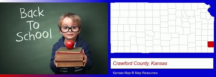 the back-to-school concept; Crawford County, Kansas highlighted in red on a map