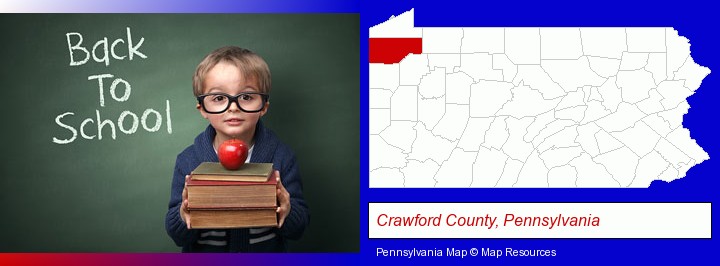 the back-to-school concept; Crawford County, Pennsylvania highlighted in red on a map