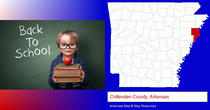 the back-to-school concept; Crittenden County, Arkansas highlighted in red on a map