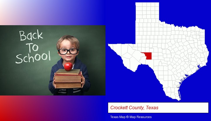 the back-to-school concept; Crockett County, Texas highlighted in red on a map