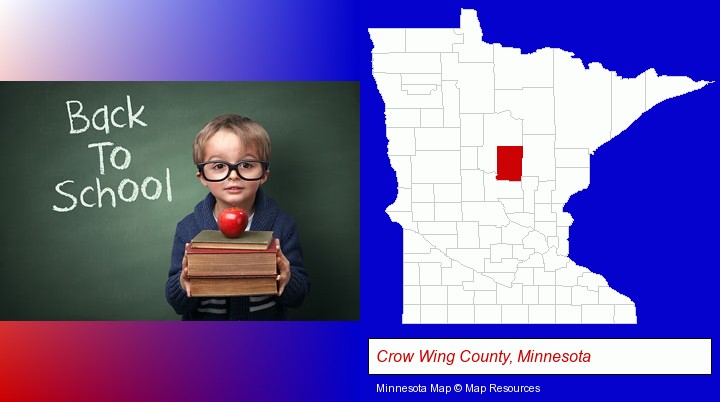 the back-to-school concept; Crow Wing County, Minnesota highlighted in red on a map