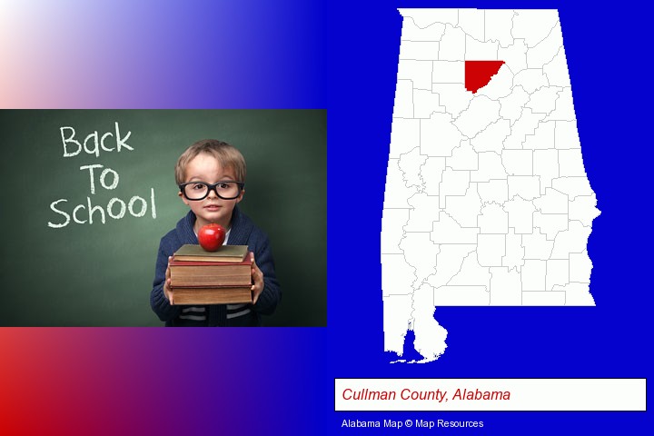 the back-to-school concept; Cullman County, Alabama highlighted in red on a map