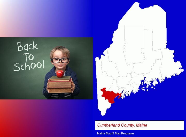 the back-to-school concept; Cumberland County, Maine highlighted in red on a map