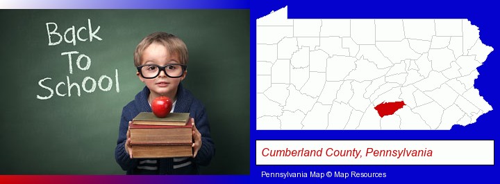 the back-to-school concept; Cumberland County, Pennsylvania highlighted in red on a map