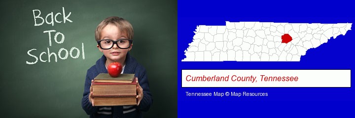the back-to-school concept; Cumberland County, Tennessee highlighted in red on a map