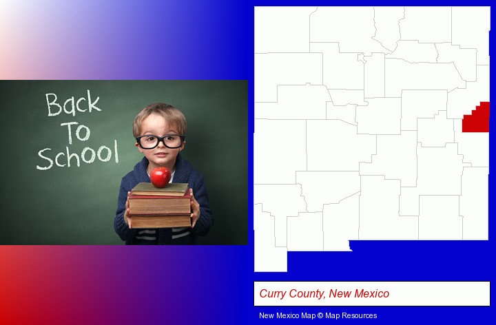 the back-to-school concept; Curry County, New Mexico highlighted in red on a map