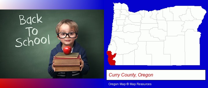 the back-to-school concept; Curry County, Oregon highlighted in red on a map