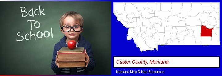 the back-to-school concept; Custer County, Montana highlighted in red on a map