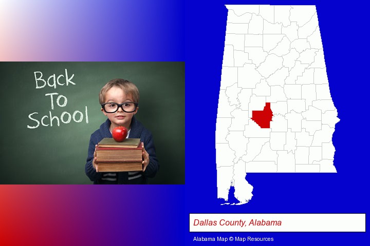 the back-to-school concept; Dallas County, Alabama highlighted in red on a map