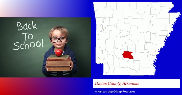 the back-to-school concept; Dallas County, Arkansas highlighted in red on a map