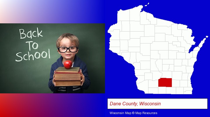 the back-to-school concept; Dane County, Wisconsin highlighted in red on a map