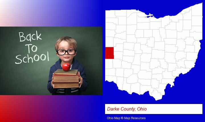 the back-to-school concept; Darke County, Ohio highlighted in red on a map