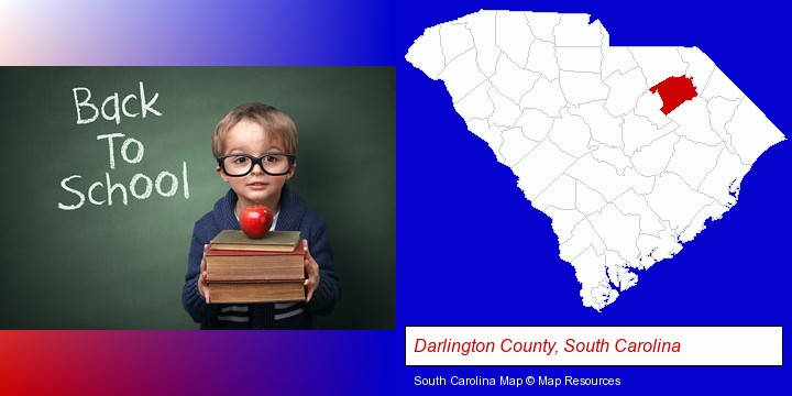 the back-to-school concept; Darlington County, South Carolina highlighted in red on a map