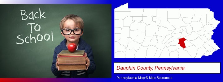 the back-to-school concept; Dauphin County, Pennsylvania highlighted in red on a map