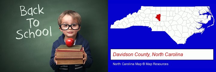 the back-to-school concept; Davidson County, North Carolina highlighted in red on a map