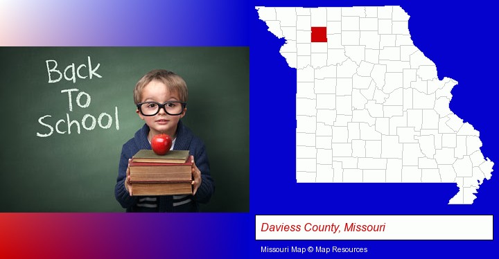 the back-to-school concept; Daviess County, Missouri highlighted in red on a map