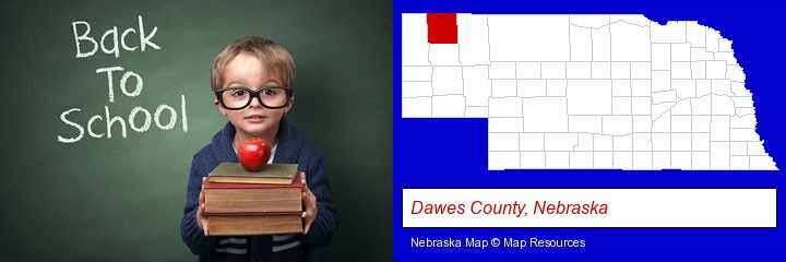 the back-to-school concept; Dawes County, Nebraska highlighted in red on a map