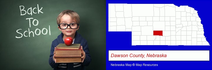 the back-to-school concept; Dawson County, Nebraska highlighted in red on a map