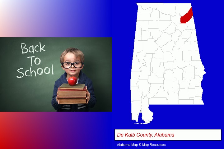 the back-to-school concept; De Kalb County, Alabama highlighted in red on a map