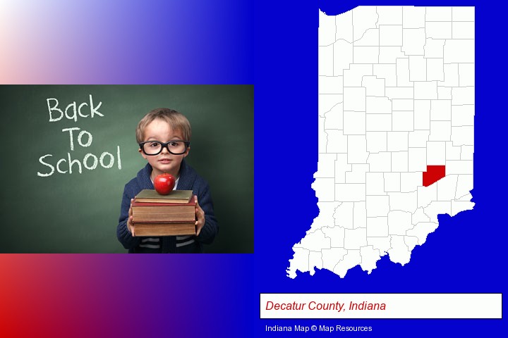 the back-to-school concept; Decatur County, Indiana highlighted in red on a map