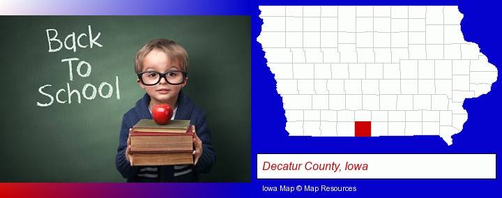 the back-to-school concept; Decatur County, Iowa highlighted in red on a map