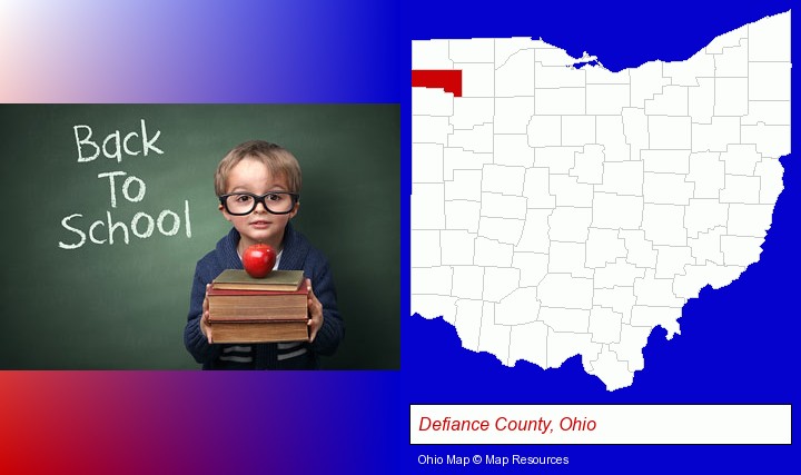 the back-to-school concept; Defiance County, Ohio highlighted in red on a map