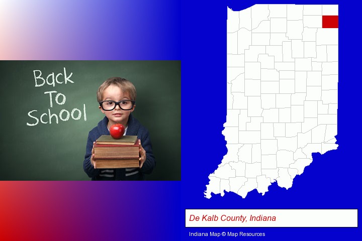the back-to-school concept; De Kalb County, Indiana highlighted in red on a map