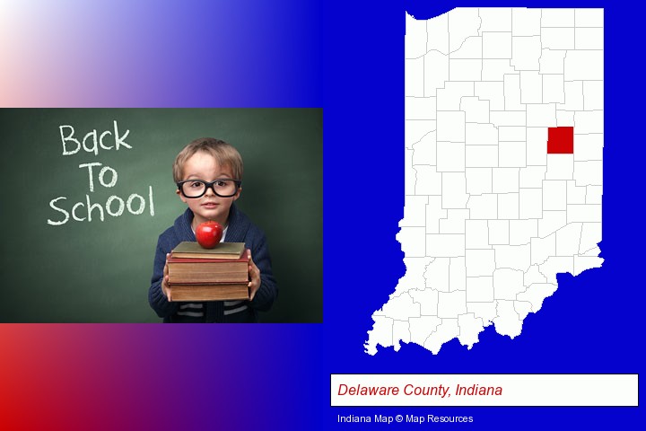 the back-to-school concept; Delaware County, Indiana highlighted in red on a map
