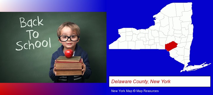 the back-to-school concept; Delaware County, New York highlighted in red on a map