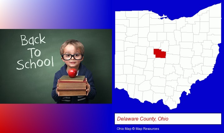 the back-to-school concept; Delaware County, Ohio highlighted in red on a map