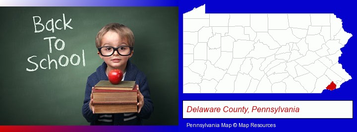 the back-to-school concept; Delaware County, Pennsylvania highlighted in red on a map